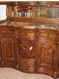 lighted buffet/bar with marble top, four drawers and two doors, with shelf, beveled mirror, with wine bottle holder