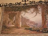 Wall tapestry showing ancient sea scene. 50 inches wide, 36 inches tall.