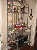 Metal bakers rack with four glass shelves. 40 inches wide, 80 inches tall, 23 inches deep