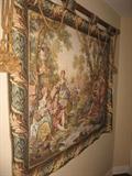 Wall tapestry showing colonial fishing scene. 60 inches long, 51 inches tall.