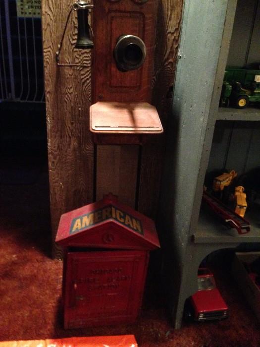 Old oak wall telephone and Chicago Fire Call Box!