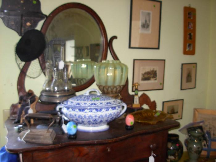 Antique tureen as is $50..now $25.Victorian castor set..Vaseline glass shad on base as is SOLD
