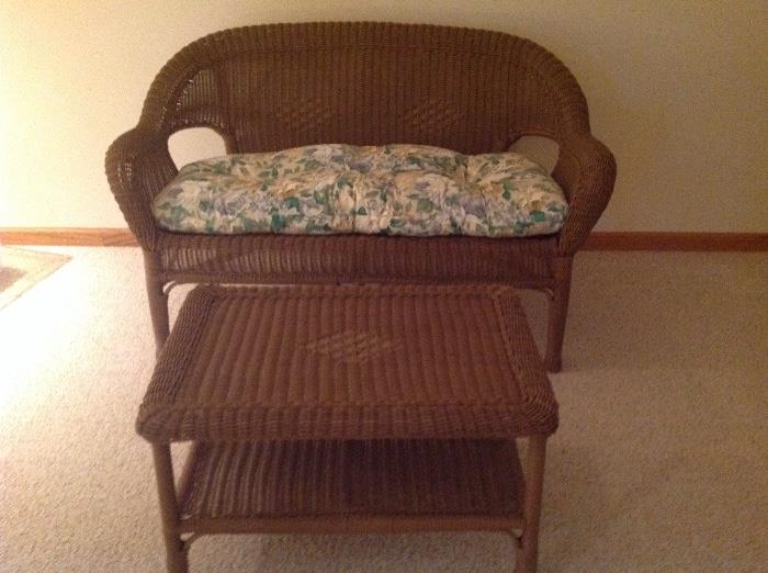wicker love seat and table