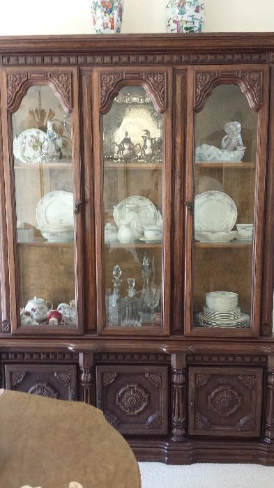 China Cabinet, Royal Doulton China, LLadro Statues and 1847 Rogers Brothers Silver