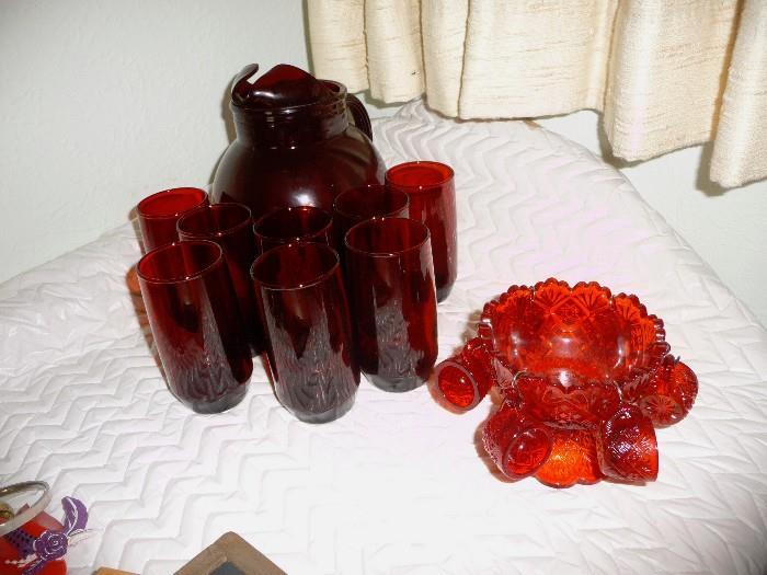 red ruby pitcher and glasses , child's punch bowl set