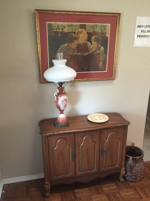 French Provincial cabinet and hurricane lamp