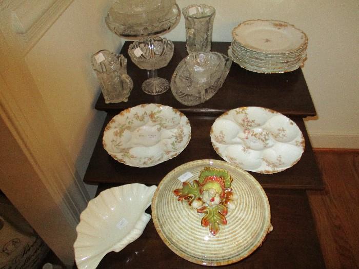 LIMOGES CHINA, LIMOGES OYSTER PLATES, GREAT CUT GLASS AND A TURKEY VEGETABLE DISH
