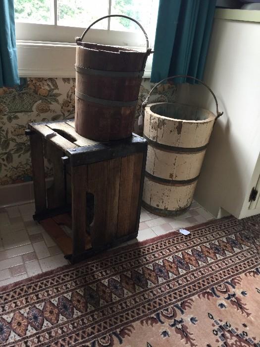 Vintage buckets and crates