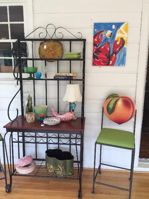Set of fruit bar stools, Bakers Rack and River House art!
