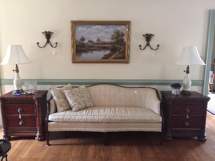 Hickory Chair Sofa, Down Pillows, Lamps by Lenox, Sconces, Oil Painting and Side table by Pulaski Furniture Company