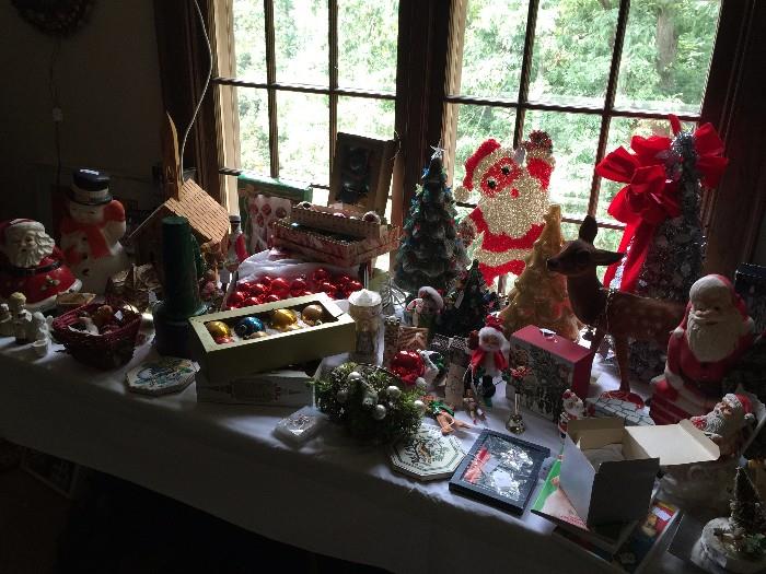 Vintage Christmas! Trees, Ornaments, Blow Molds, Wreaths, Wooden Chapel that lights up...