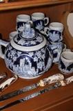 Second unusual Stein style tureen and mugs. Bone handled carving set.
