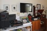 JVC stereo, JVC CD changer, LPs, record player, vintage stereo console, John Lennon framed photo.