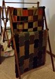 2 quilts and antique drying rack