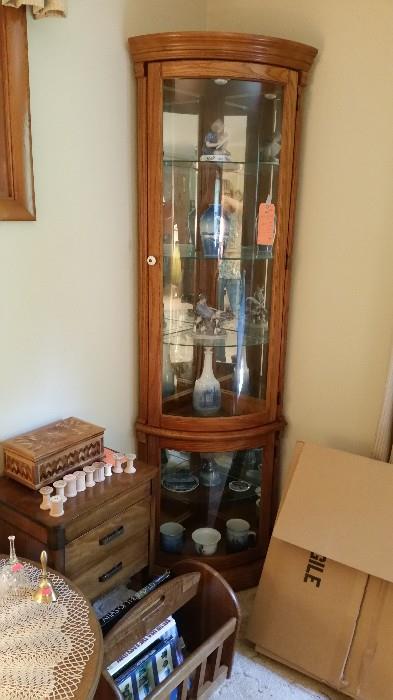Corner Curio Cabinet, magazine rack and Sewing Cabinet (behind magazine rack)