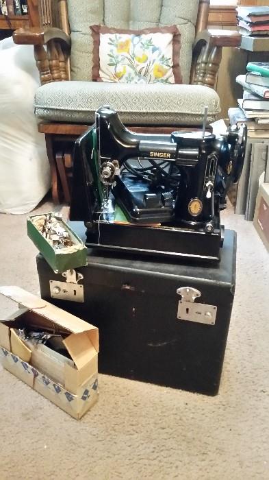50th Anniversary Antique Singer Sewing Machine - Portable with Case - Model #221 - Includes Sewing Accessories