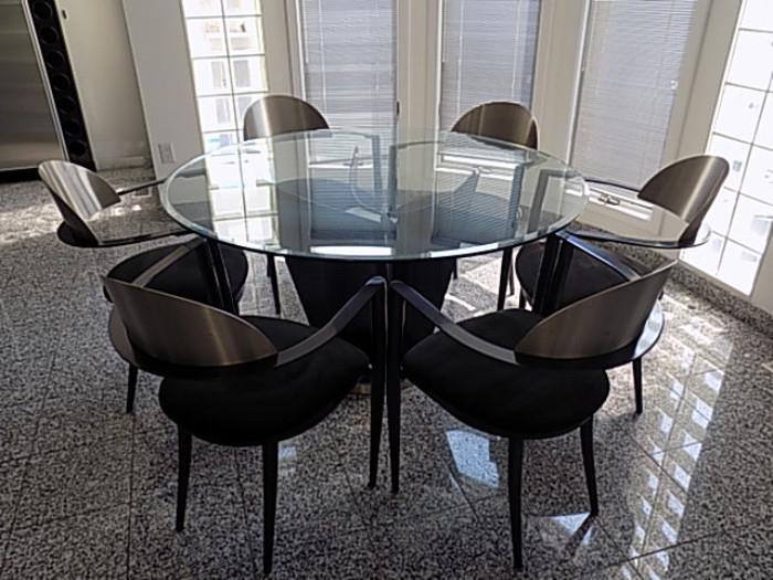 54" BEVELLED GLASS TABLE and 6 ARM CHAIRS