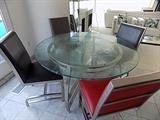 ITALIAN ACID ETCHED GLASS-TOP GAME/DINING TABLE and 4 LEATHER CHAIRS
