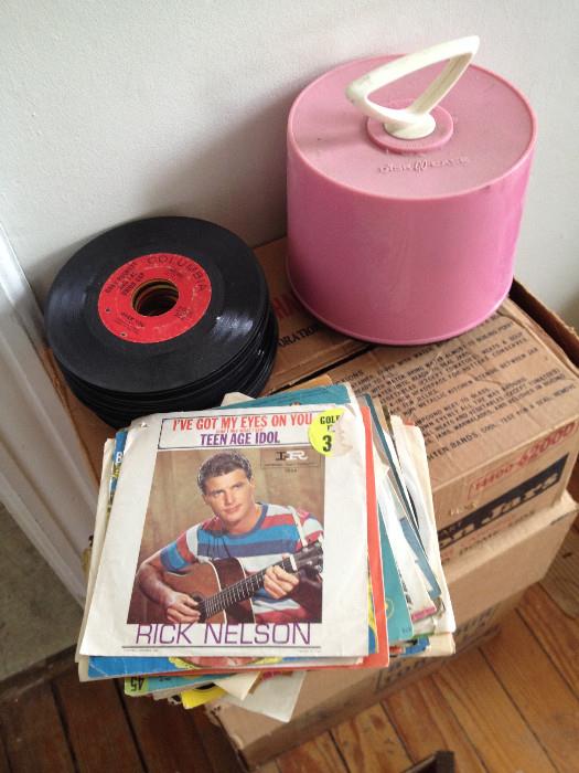 Dick Clark pink plastic 45 RPM case (full) and 45 records and sleeves
