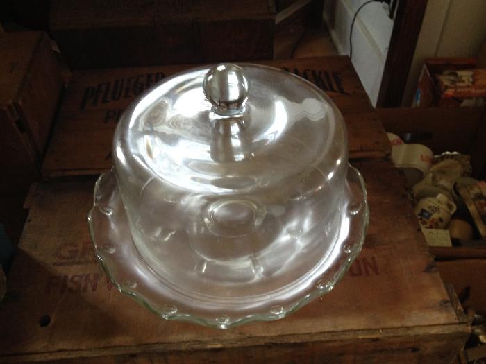 Candlewick dome cake container on an unmatched cake stand base (A marriage of convience).