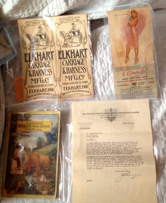 Collection of paper items---catalog 1906 for carriages and horse collars (Elkhart Indiana!), 1930 calendar pin-up, Stock Raiser manual and foreclosure letter 1928