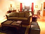 Great room sofa, coffee table, pair of leather ottomans, Chinese nest of tables