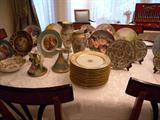 Group of porcelain and glass - Limoges chargers, Royal Vienna and Pirkenhammer plates, Lalique condor figure, Zsolnay vase, Royal Doulton floral collector plates, Nippon vase, Lladro figure, Rose Medallion plates and more