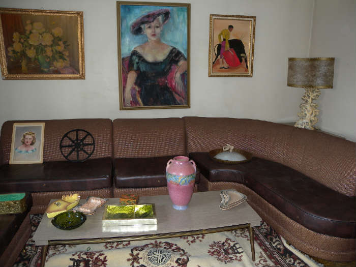 60's modern section sofa, oil paintings, large pottery vase