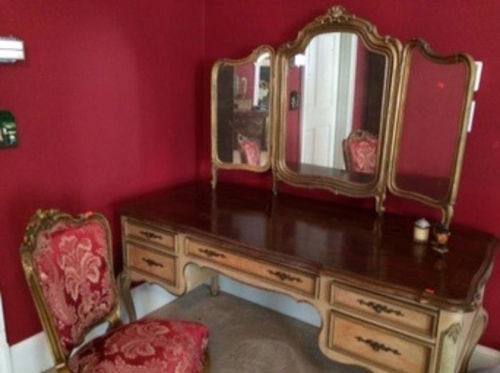 Dressing table, mirror, and chair