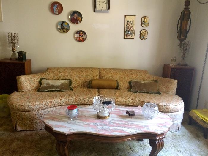 Retro, vintage sectional sofa & marble top coffee table