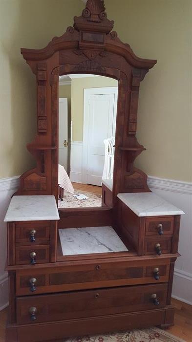 Victorian, walnut, dresser.with marble tops