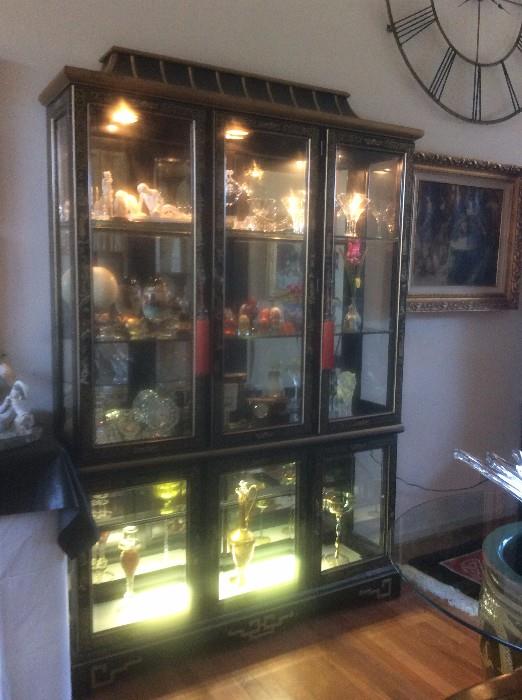 asian motif china cabinet, filled with treasures, waterford clocks, bohemian glass, lalique cat and lion, stemware, cased small clocks