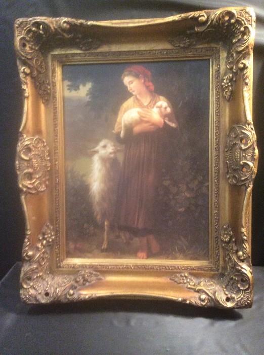 Unsigned framed  oil on canvas girl with lambs, 18 x 22