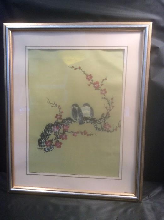 Asian print pair of birds, 17 x 22 " henry I" framed