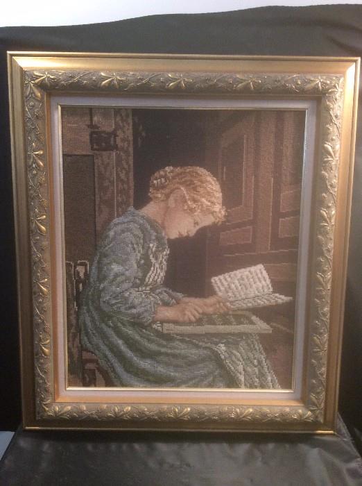 Embroidered framed girl reading 25 x 29