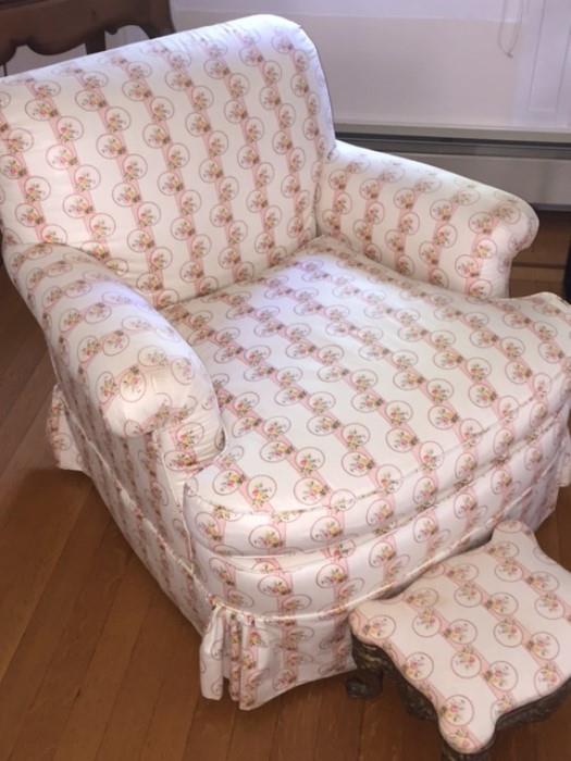 upholstered chair with matching foot stool