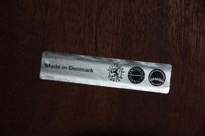 label on rosewood table: Made in Denmark, Heltborg Mobler, Domus Danica
