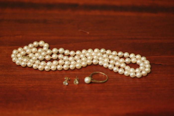 diamond and 14k gold earrings, pearl & 14K gold ring, pearl necklace with 14K gold clasp