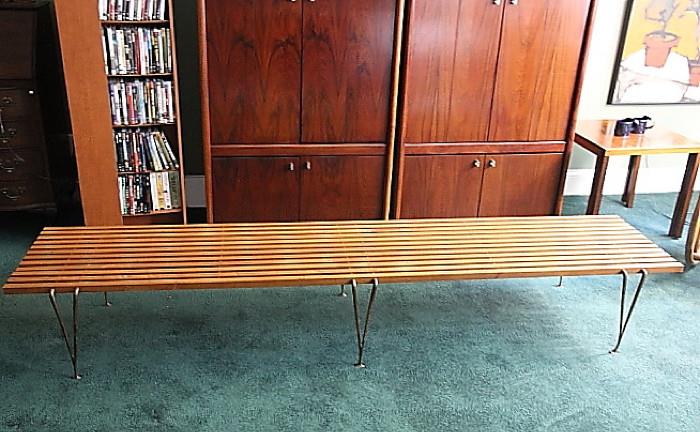 Midcentury modern long slatted coffee table - 7'8" length, 14" height