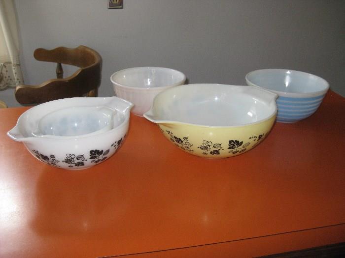 3 piece Pyrex  bowls, stripe Pyrex & white Fire King bowl