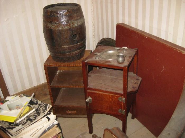 nice smoking stand, shelf & wood keg, all pulled from the attic
