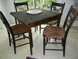 American Late-Victorian Chinoiserie Velvet-Top Game Table w/ Four Side Chairs