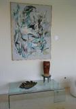 Large Original Canvas by Listed Artist Dorothy Brown, exhibited at LACMA in 1963 (exhibition Label on Verso), 60 x 40; above a bent-glass Coffee Table and a signed Sascha Brastoff Free-Form Gold-Decorated Shell Bowl