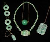 Fine 1920's Carved Jadeite Jewelry, including an approx. 40 mm Jadeite Bead.