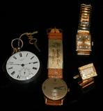 Sterling Silver English Key-Wind Pocket Watch, ca. 1860; an 18K Rose Gold Rensie Wristwatch in Original Box, and a pair of 1960's Retro Watch Cufflinks