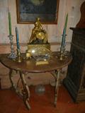 Pair of Beautiful 17th. C. Italian Console Tables HAVE BEEN SOLD, but we still have the Charles X Gilt & Patinated Bronze Mantel Clock; 
Amazing Etched Crystal Center Bowl w/ Gilt Fittings;
Pair of Baroque Sterling Silver Candlesticks, and a
Pair of Antique Gilt Candle Sticks