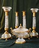 The four Magnificent 19th. C. Candlesticks w/ Ormolu Mounts are SOLD; the Lidded Footed Bowl w/ Ormolu Mounts is available, and is one of a matched PAIR .
