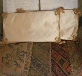 Amazing 100-year-old (or more!) Tapestried and Embroidered Fabrics, along w/ a Pair of Silk Pillows Embroidered w/ Gold Trim and Antique Embroideried Lace.