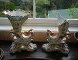 A gorgeous Pair of Antique Trumpet Vases.  We do have all the pieces for the broken one, and it can be repaired.