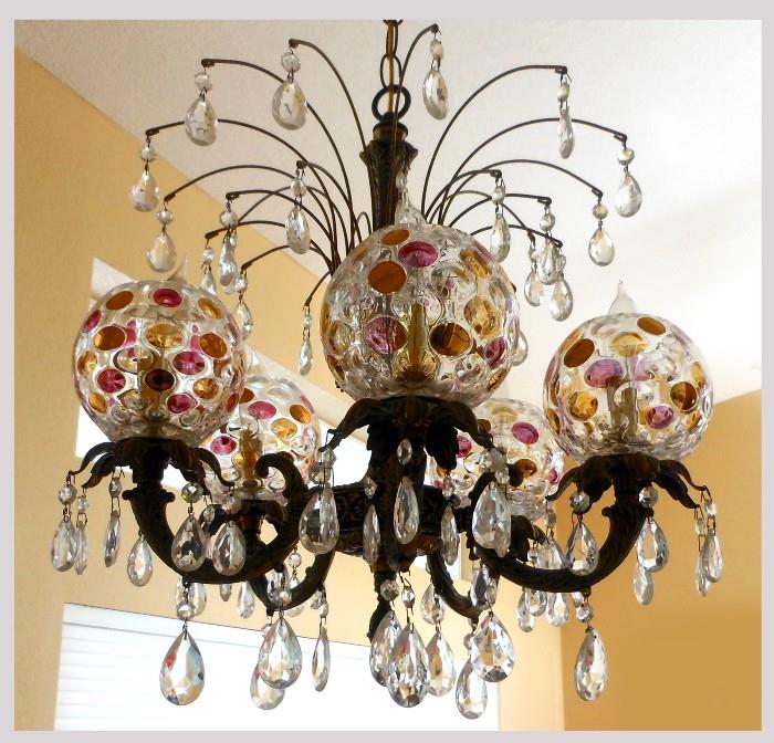 Bohemian Crystal Optic Coin Dot Czechoslovakian Chandelier that matches with 2 Large Standing Lamps, Exquisite! 